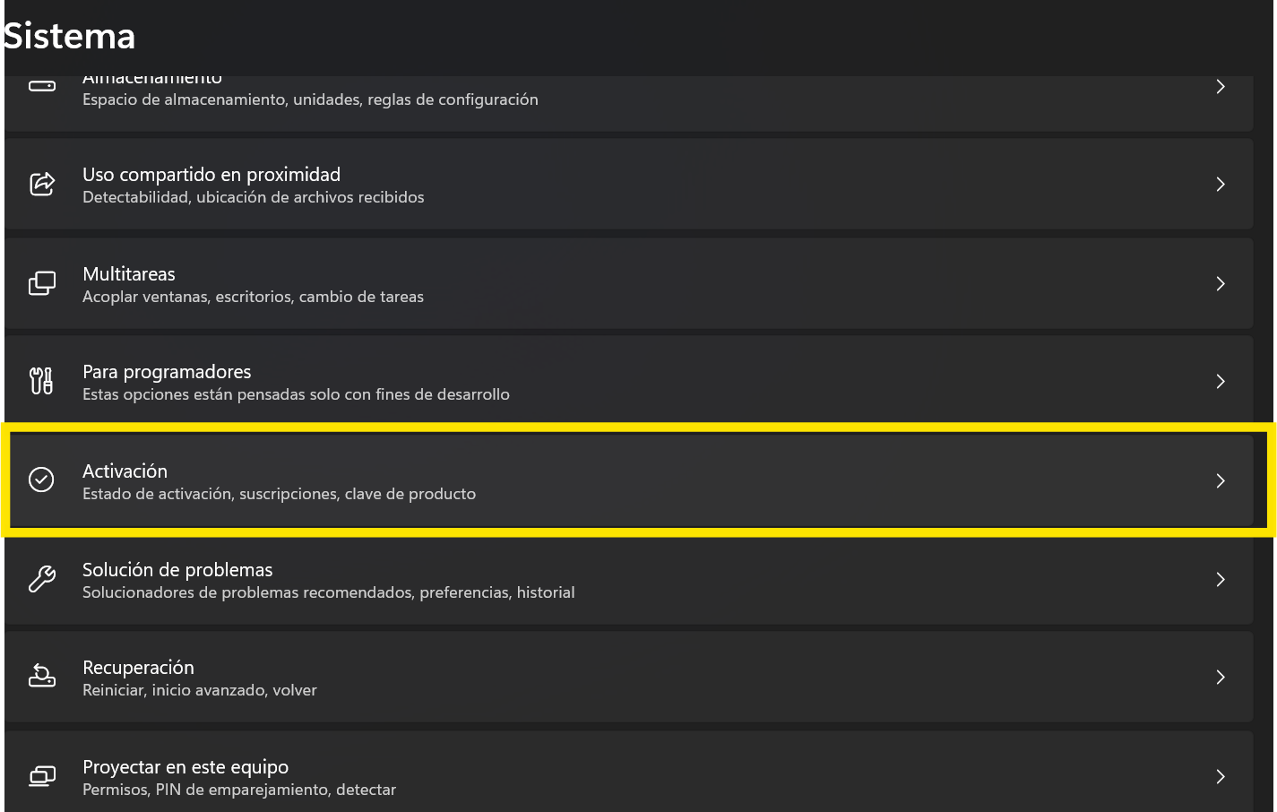 Menú de Activación en Configuración