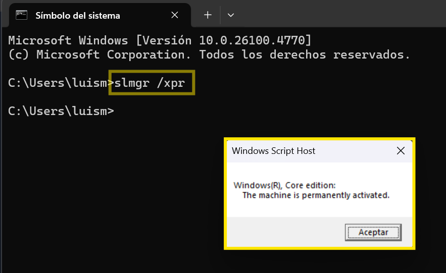 Ejemplo del resultado del comando slmgr