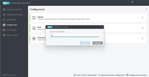 ESET solicitando contraseña para acceder a configuración avanzada