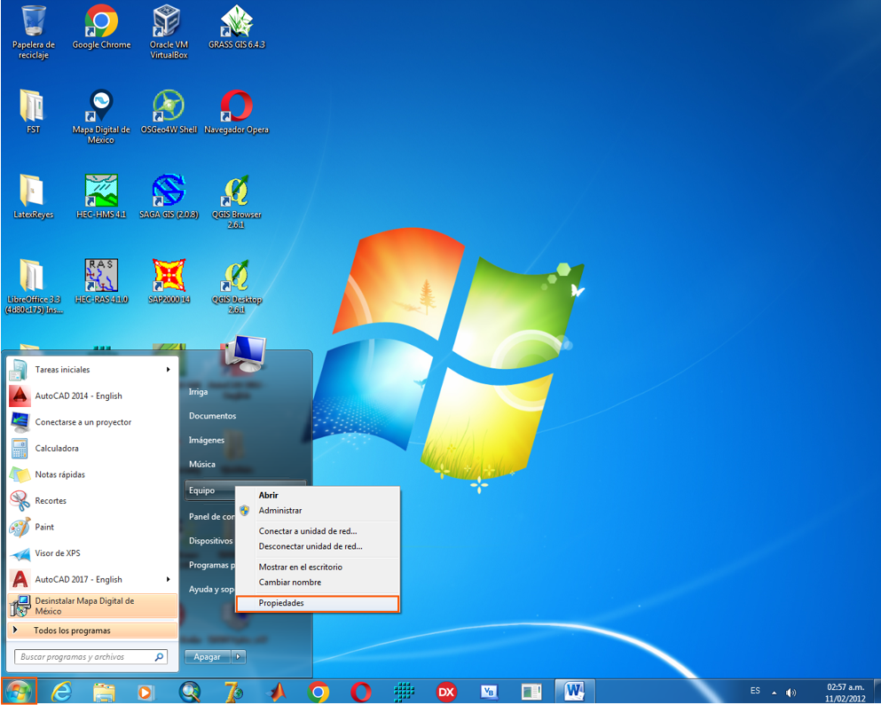 Acceder a propiedades de Equipo en Windows 7