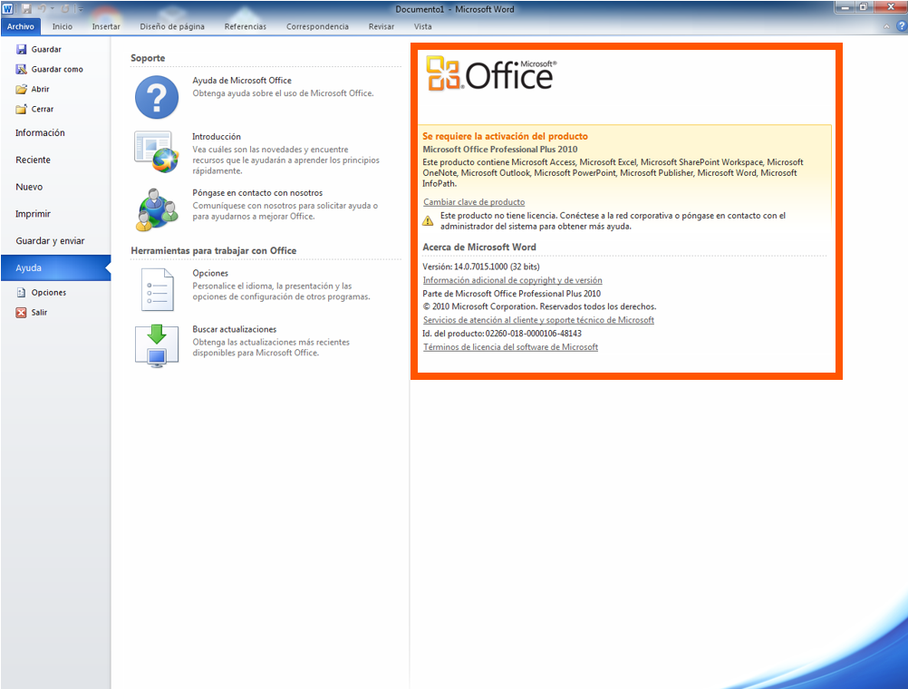 Producto Activado mostrado en Office 2013