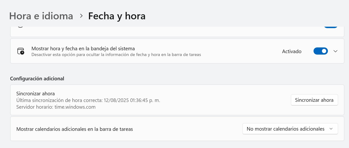 Captura de pantalla de los interruptores de fecha y hora