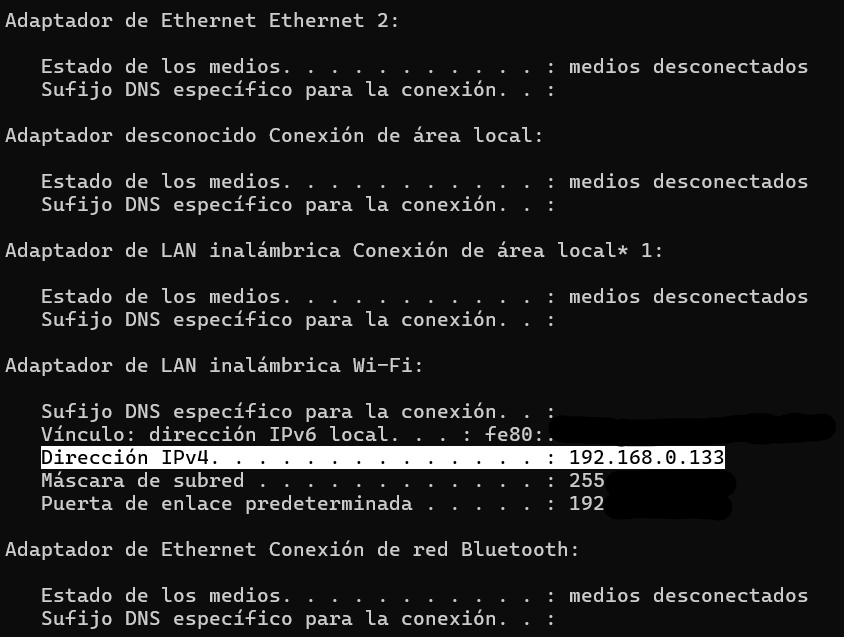Resultado de ipconfig