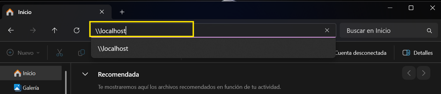 Barra de direcciones con localhost