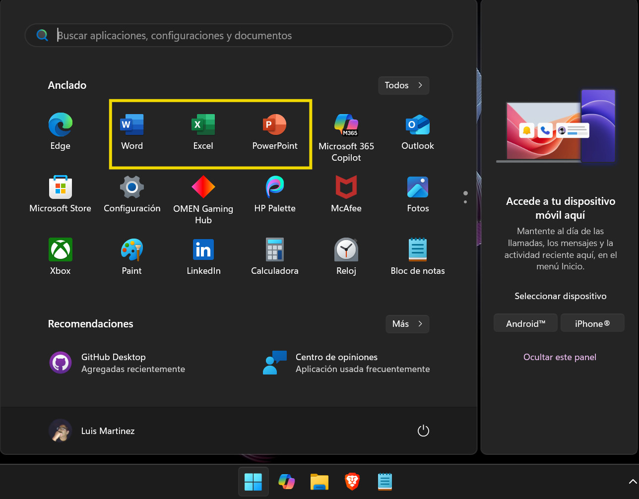 Pantalla de inicio de Word