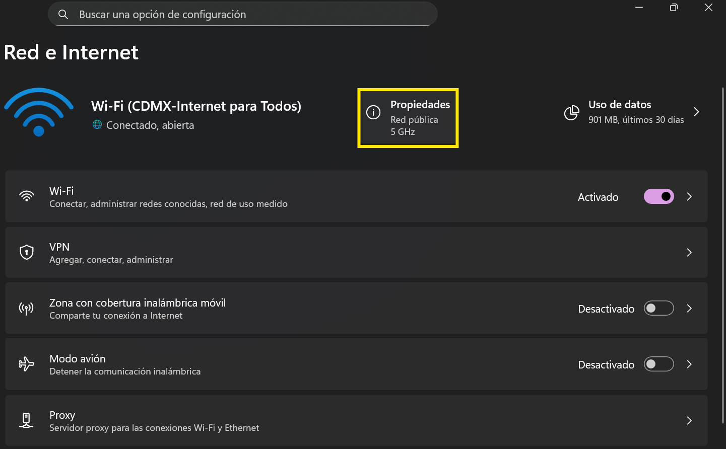 Sección Red e Internet