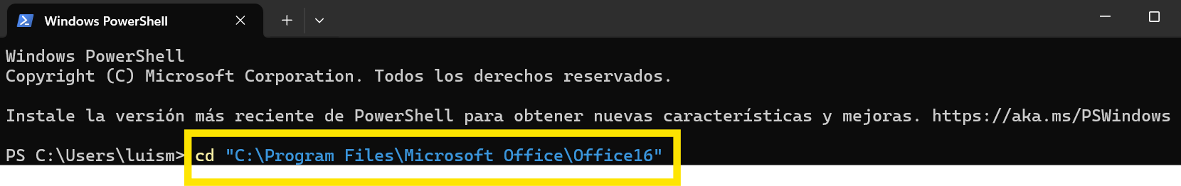 Comando cd en la ventana de PowerShell
