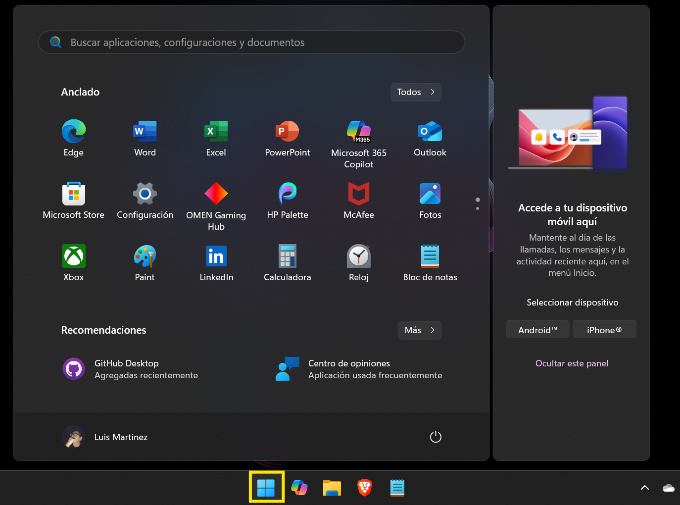 Ejemplo del menú de inicio de Windows