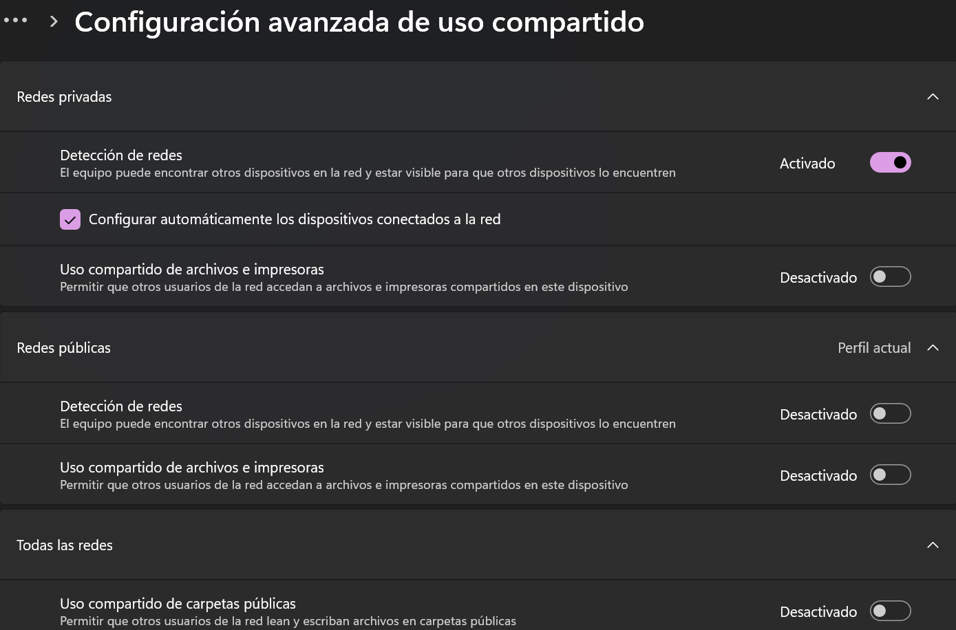 Desactivar detección y uso compartido